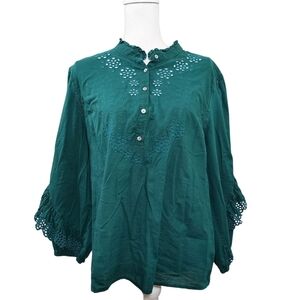 J. Crew Green Ruffle-sleeve Top With Embroidered Eyelet XL